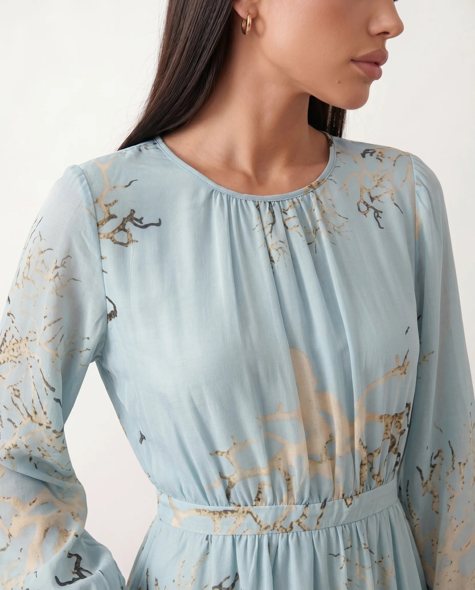 Aria Wedding Guest Silk Maxi Dress in Light Blue — detail close-up