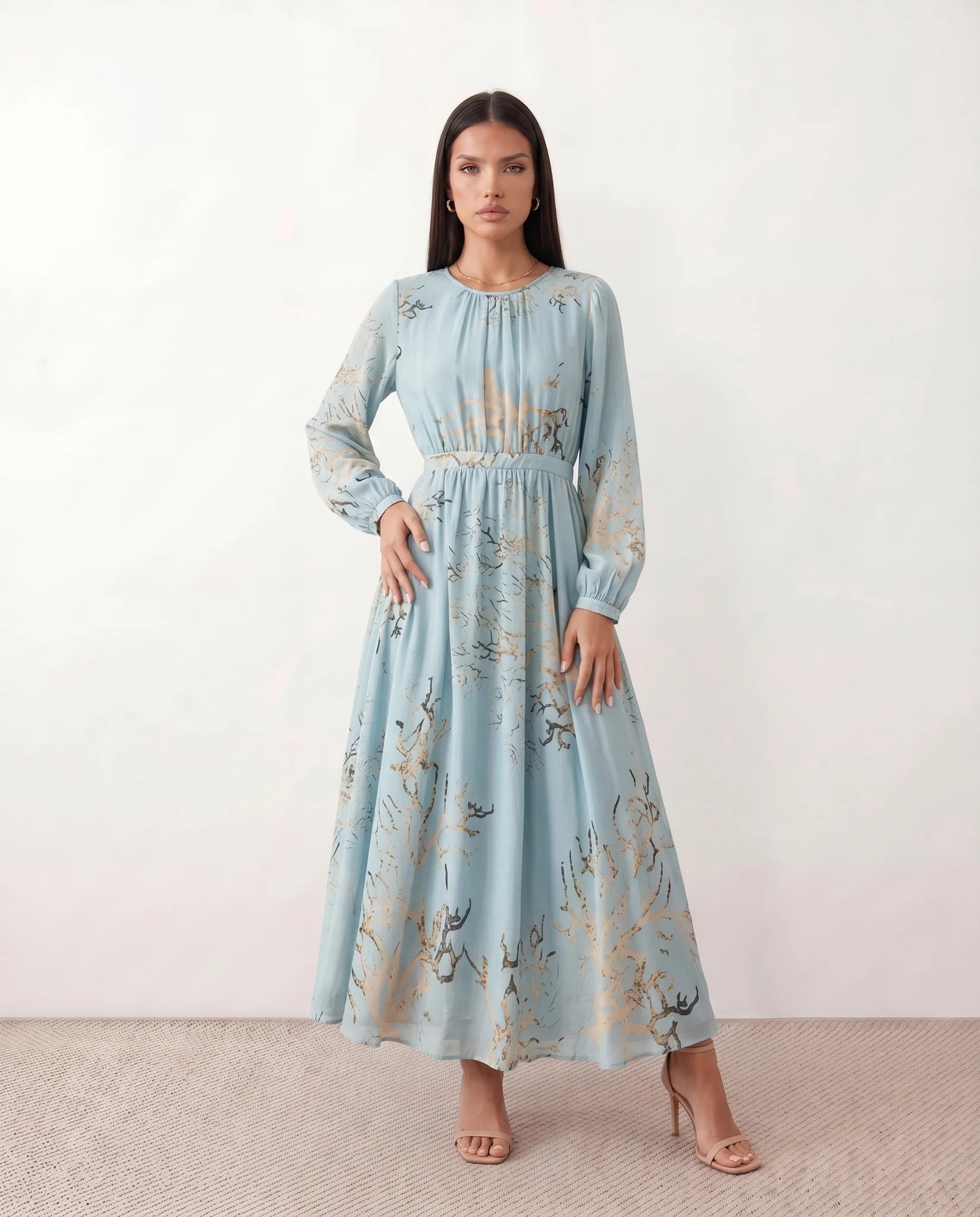 Aria Wedding Guest Silk Maxi Dress in Light Blue — front view
