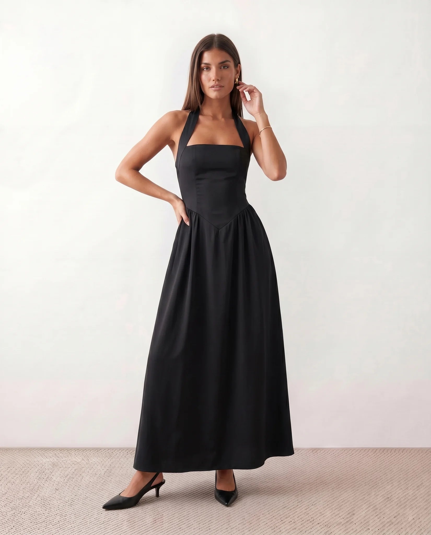 Aurora Basque Waist Halter Maxi Dress in Black — front view