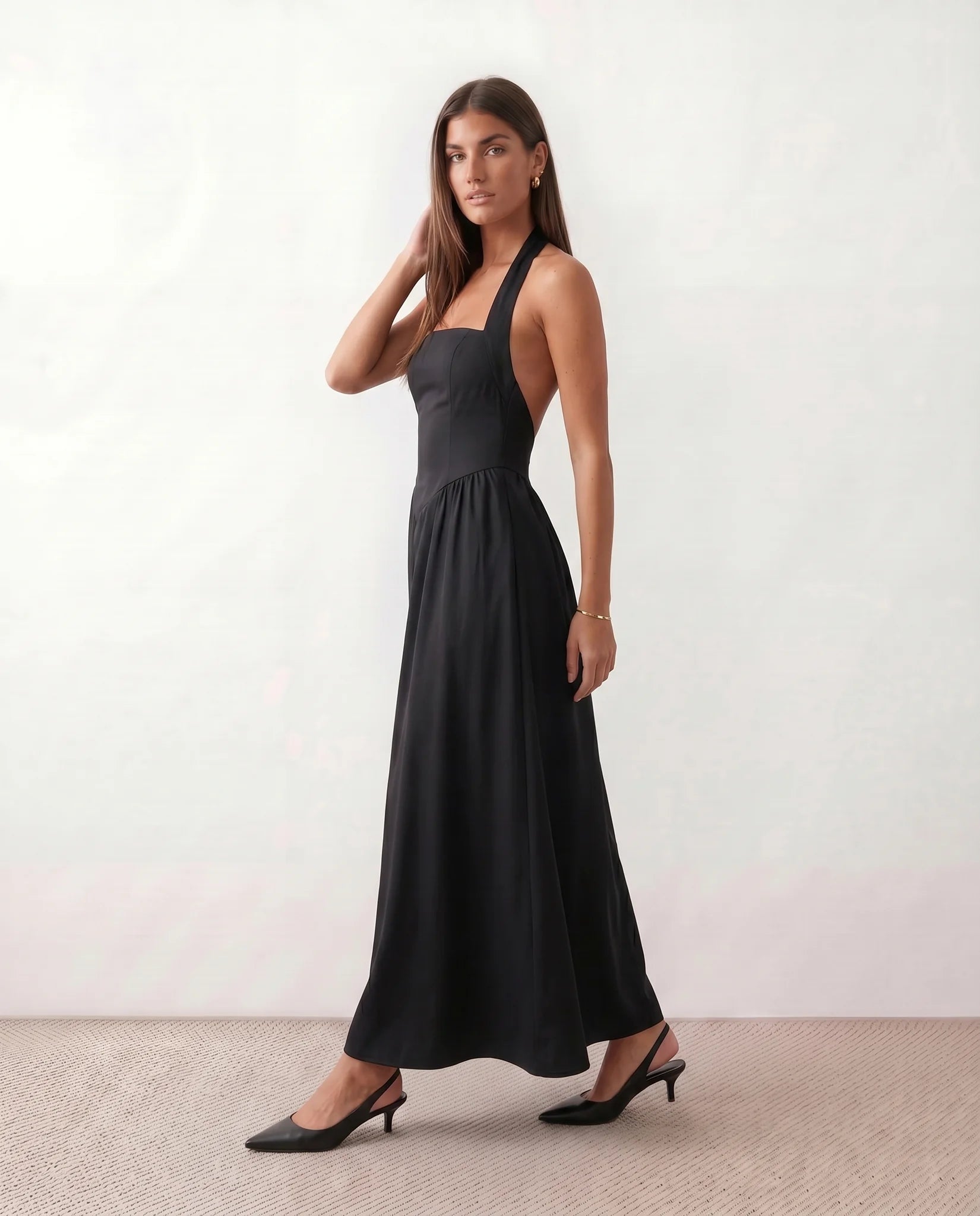 Aurora Basque Waist Halter Maxi Dress in Black — side view