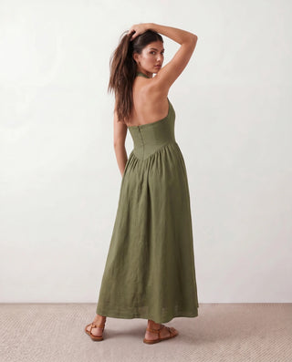 Aurora Basque Waist Halter Maxi Dress in Olive — back view