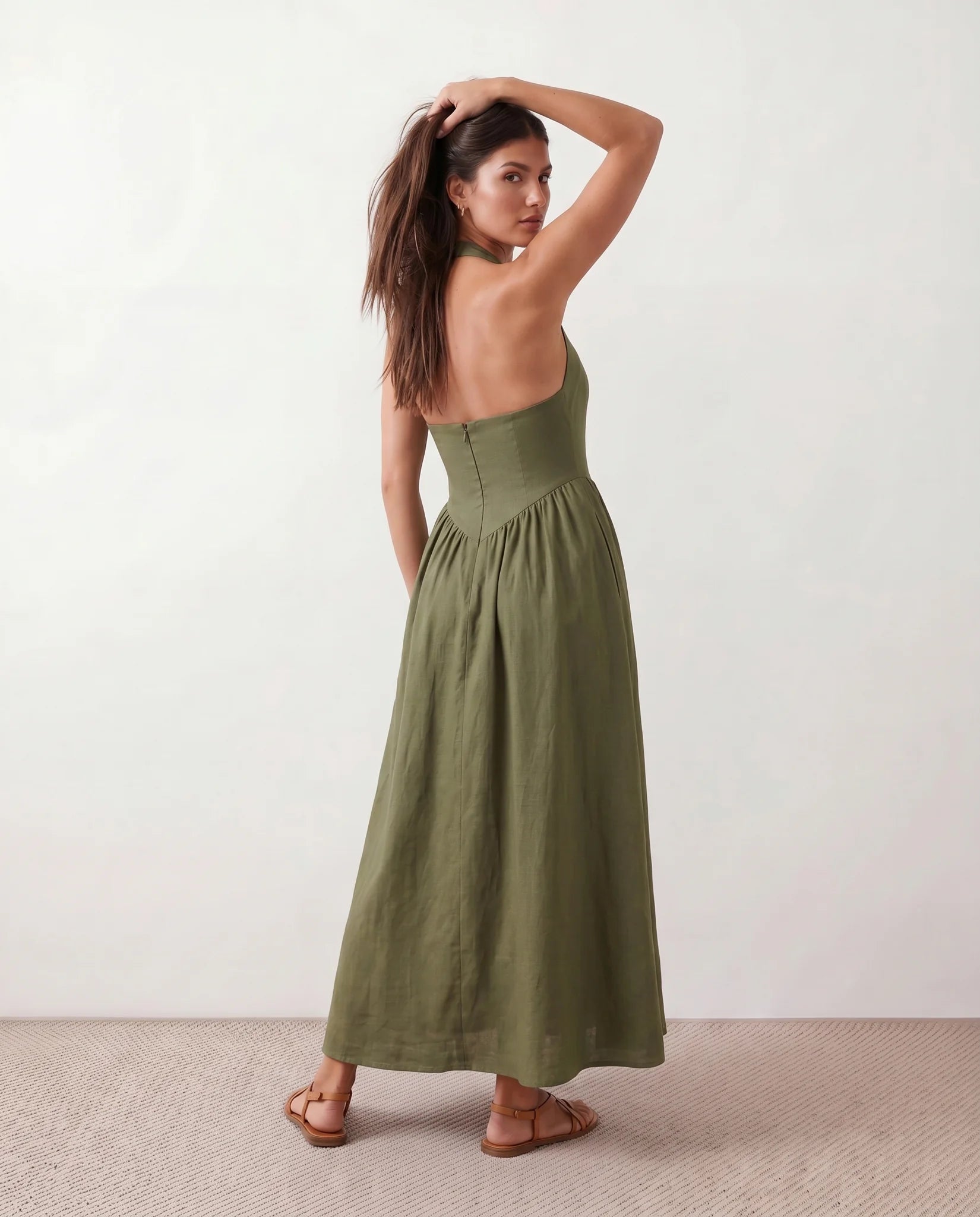 Aurora Basque Waist Halter Maxi Dress in Olive — back view