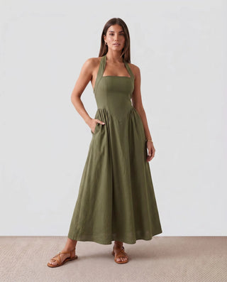 Aurora Basque Waist Halter Maxi Dress in Olive — front view