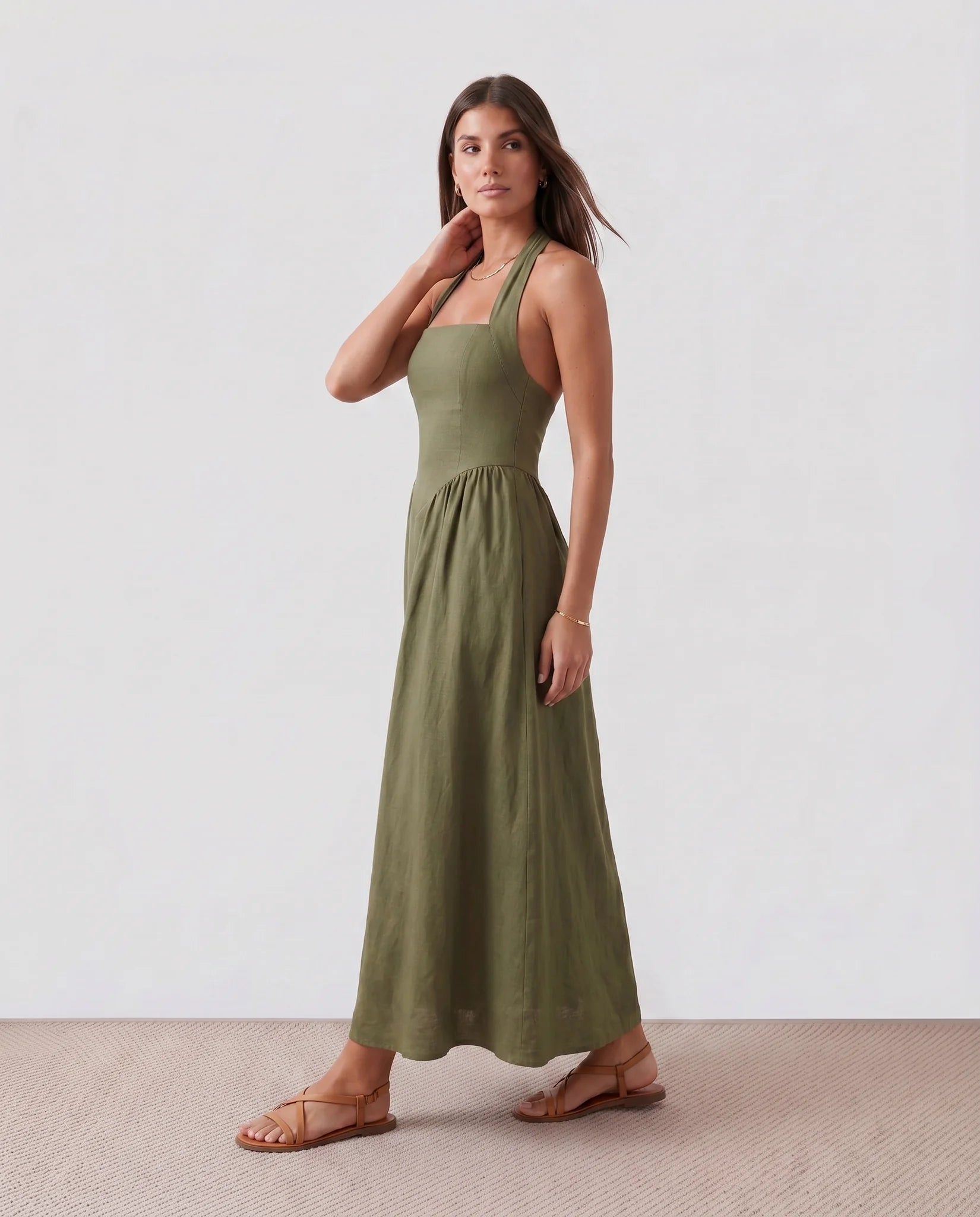 Aurora Basque Waist Halter Maxi Dress in Olive — side view