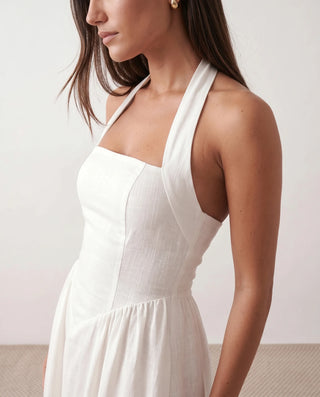 Aurora Basque Waist Halter Maxi Dress in White — detail close-up