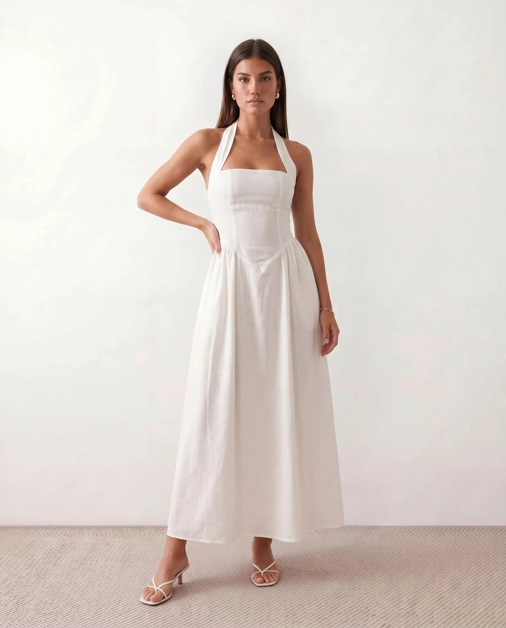 White Wedding Guest Maxi Dress - Halter Square Neck A-Line Backless Size: M White Wedding Guest Maxi Dress - Halter Square Neck A-Line Backless Size: M