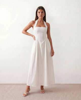 Aurora Basque Waist Halter Maxi Dress in White — front view