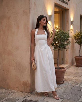Aurora Basque Waist Halter Maxi Dress in White — lifestyle occasion view