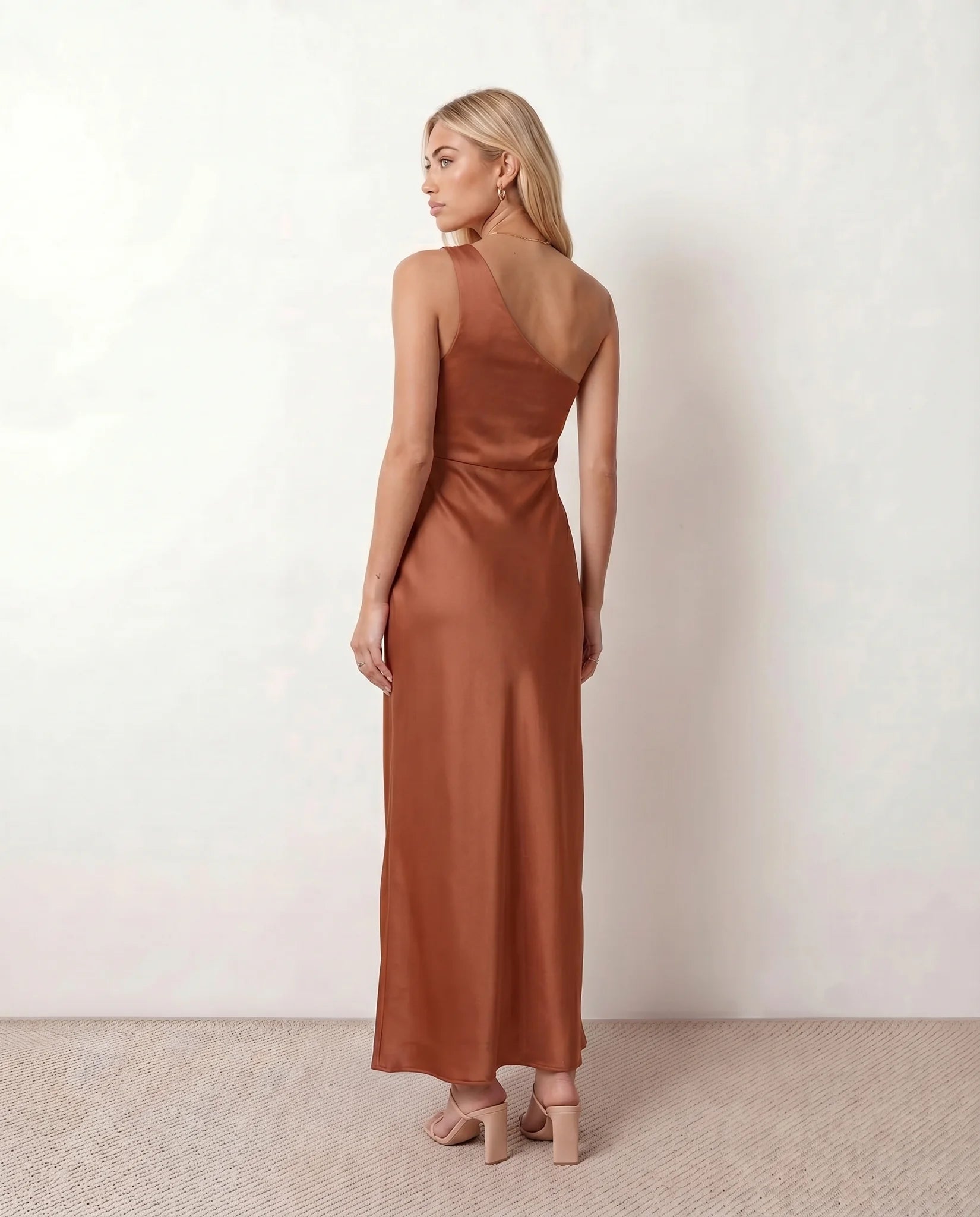 Aura Wedding Guest Glossy Maxi Dress in Brown — back view