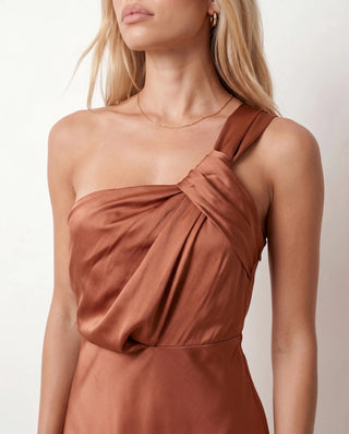 Aura Wedding Guest Glossy Maxi Dress in Brown — detail close-up