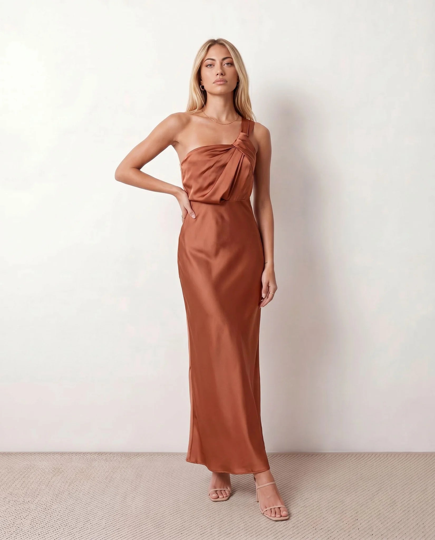 Aura Wedding Guest Glossy Maxi Dress in Brown — front view