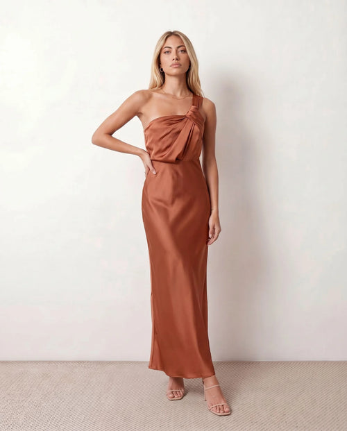 Aura Wedding Guest Glossy Maxi Dress in Brown — front view