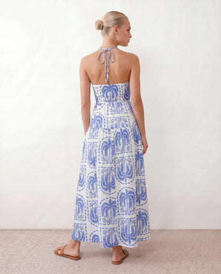 Veda Spaghetti Strap Low Back Maxi Dress in Geometric Blue — back view