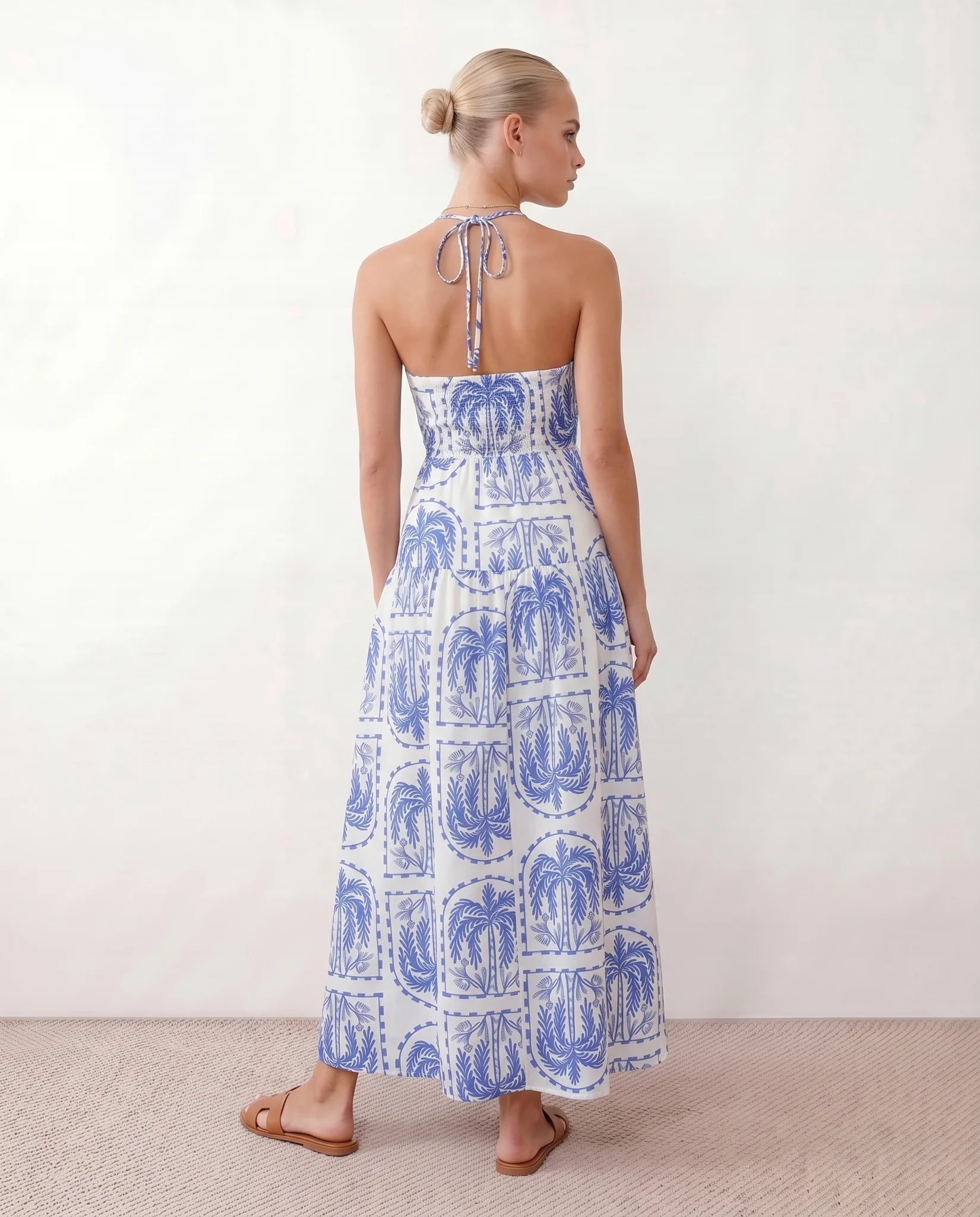 Veda Spaghetti Strap Low Back Maxi Dress in Geometric Blue — back view