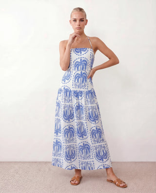 Veda Spaghetti Strap Low Back Maxi Dress in Geometric Blue — front view