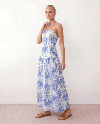 Veda Spaghetti Strap Low Back Maxi Dress in Geometric Blue — side view