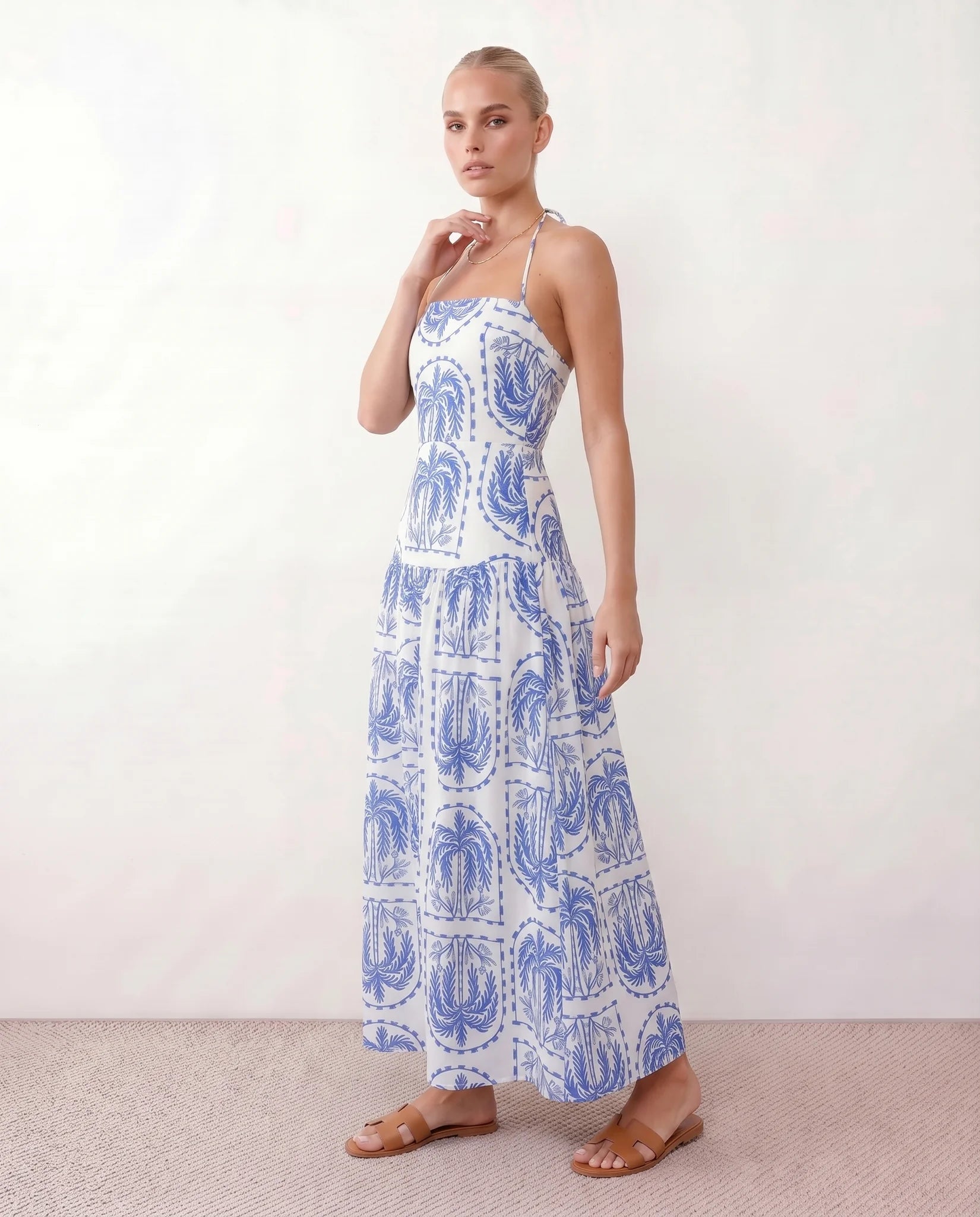 Veda Spaghetti Strap Low Back Maxi Dress in Geometric Blue — side view