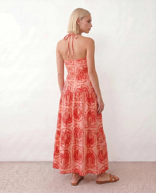 Veda Spaghetti Strap Low Back Maxi Dress in Geometric Pink — back view