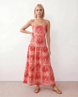 Veda Spaghetti Strap Low Back Maxi Dress in Geometric Pink — front view