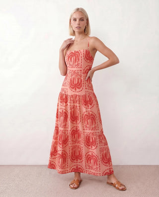 Veda Spaghetti Strap Low Back Maxi Dress in Geometric Pink — side view