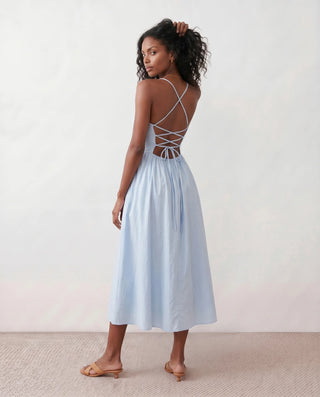 Stella Wedding Guest Spaghetti Strap Midi Dress in Light Blue — back view