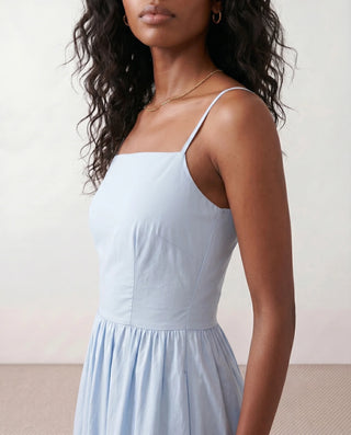 Stella Wedding Guest Spaghetti Strap Midi Dress in Light Blue — detail close-up