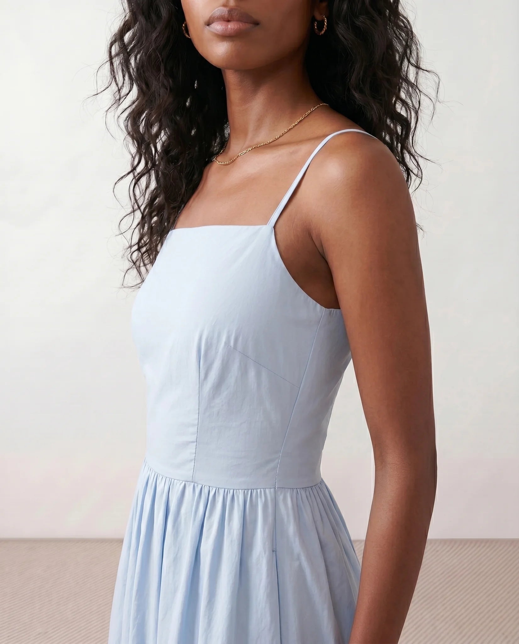 Stella Wedding Guest Spaghetti Strap Midi Dress in Light Blue — detail close-up