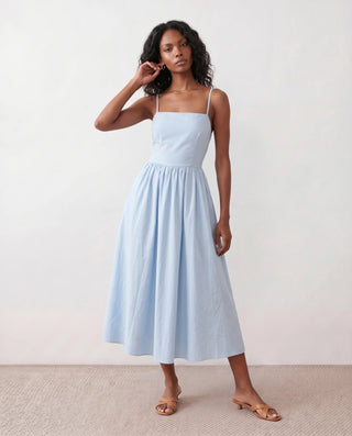 Stella Wedding Guest Spaghetti Strap Midi Dress in Light Blue — front view