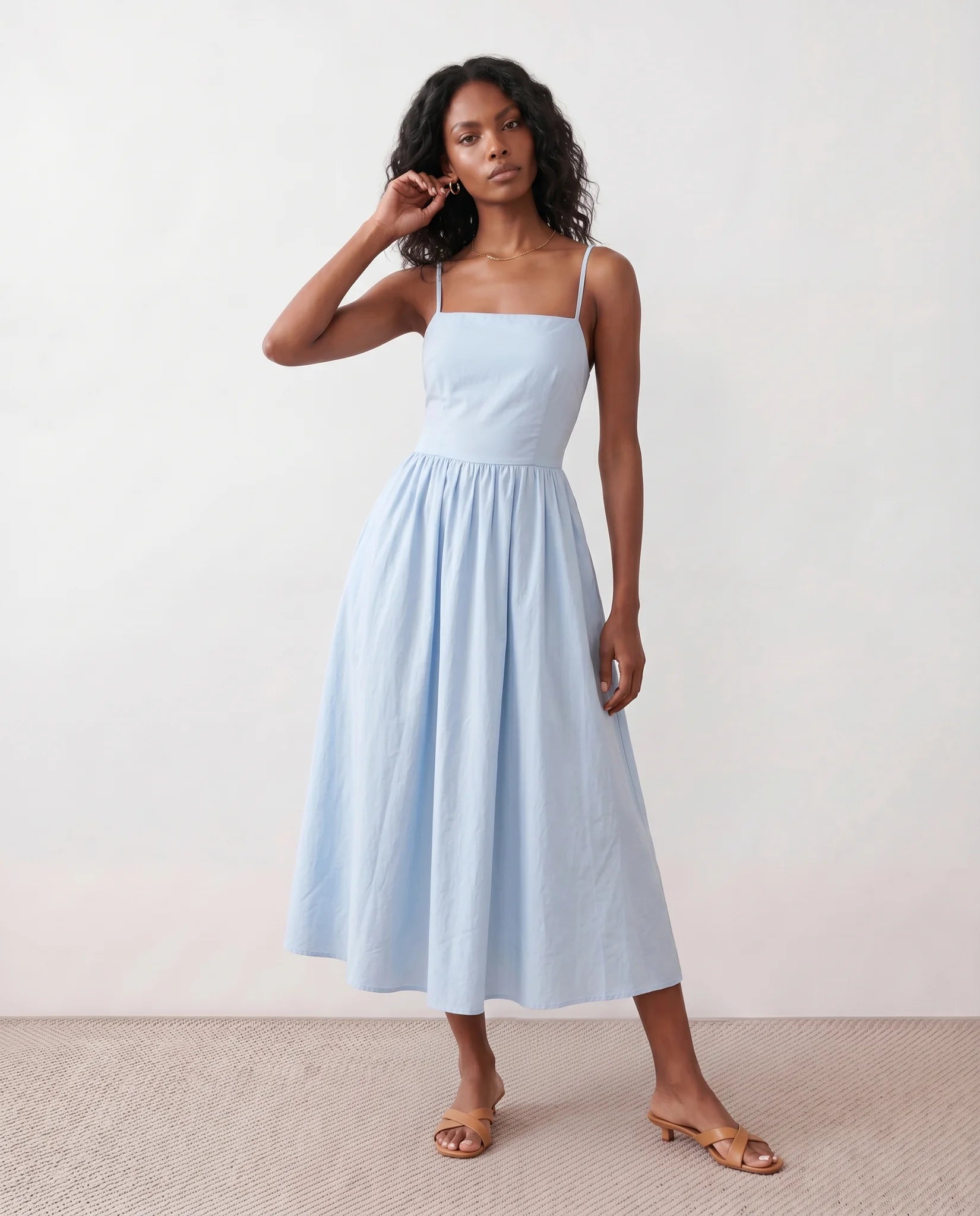 Stella Wedding Guest Spaghetti Strap Midi Dress in Light Blue — front view