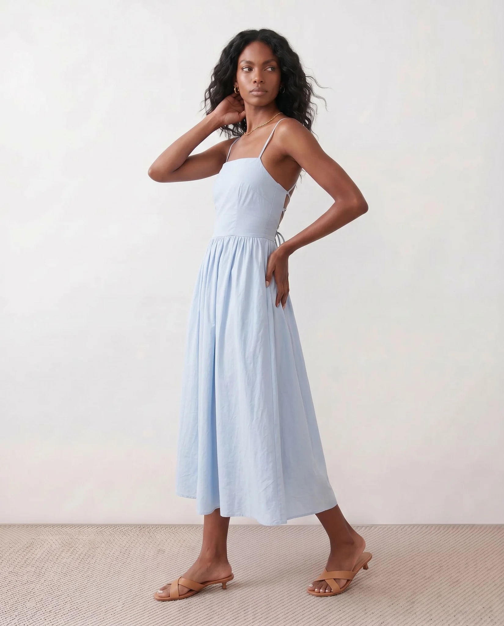 Stella Wedding Guest Spaghetti Strap Midi Dress in Light Blue — side view
