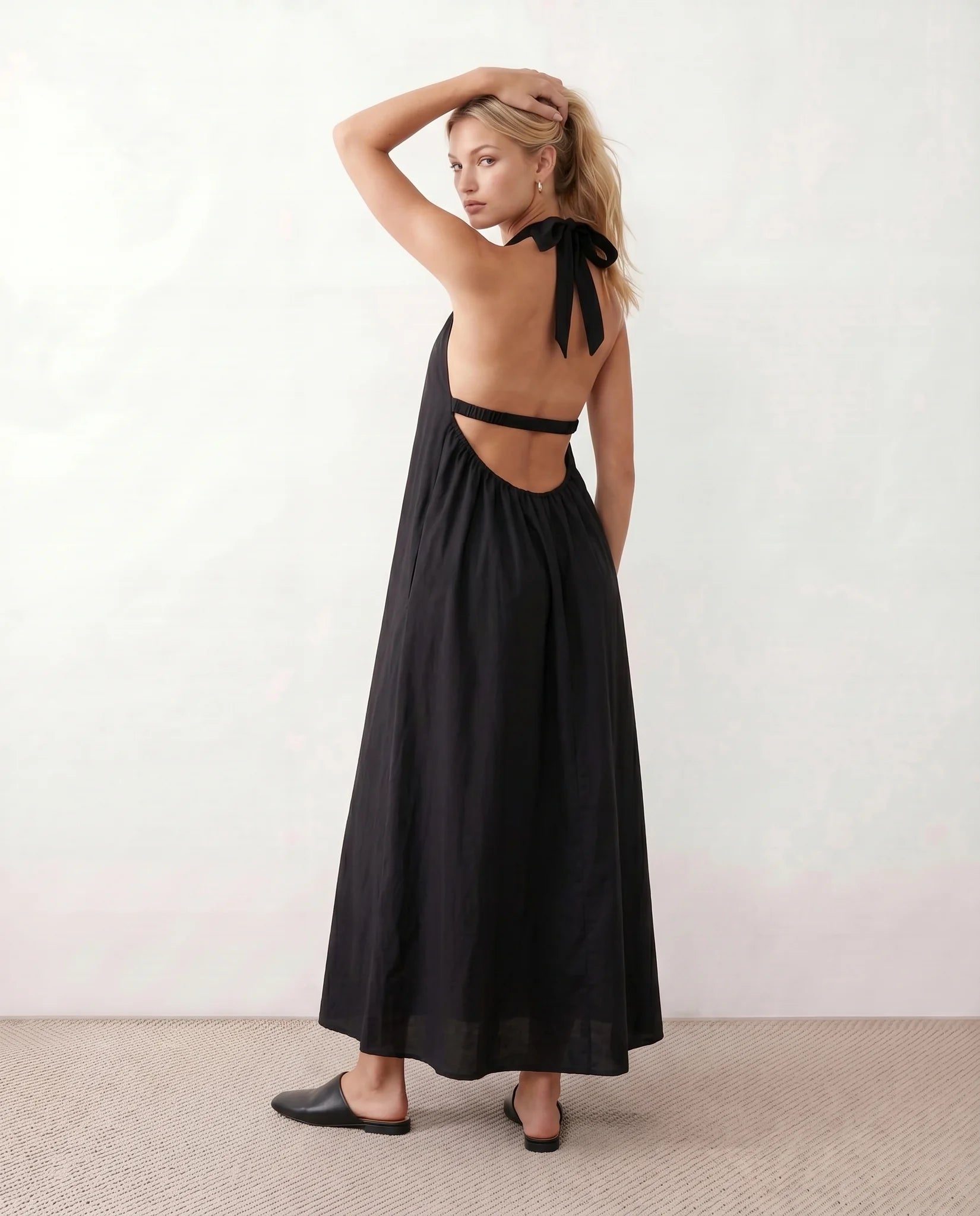 Mira Halter Square Neck Maxi Dress in Black — back view