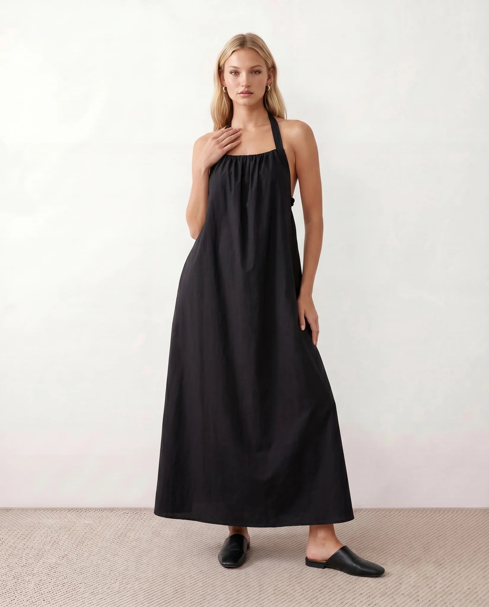 Mira Halter Square Neck Maxi Dress in Black — front view