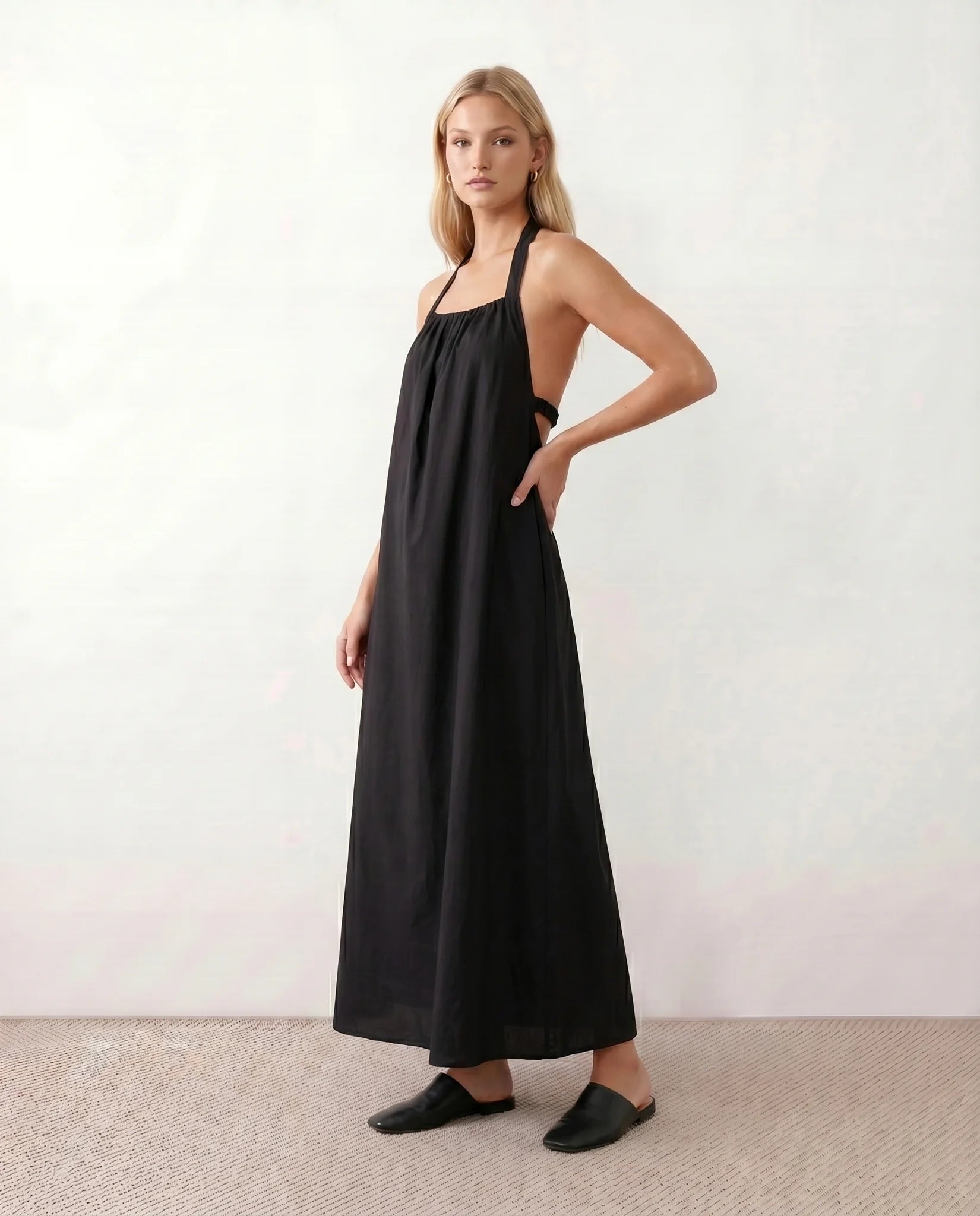 Mira Halter Square Neck Maxi Dress in Black — side view