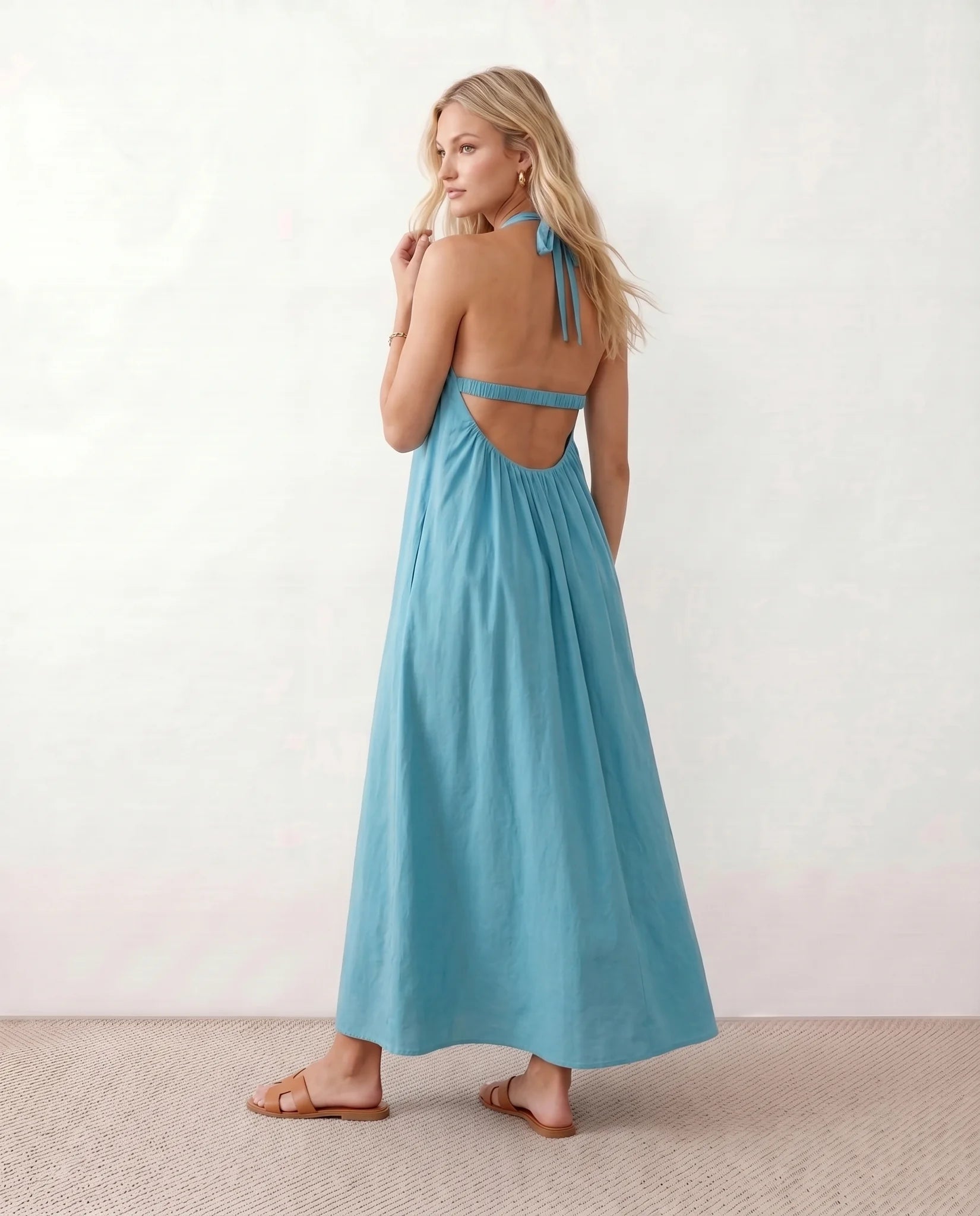 Mira Halter Square Neck Maxi Dress in Blue — back view
