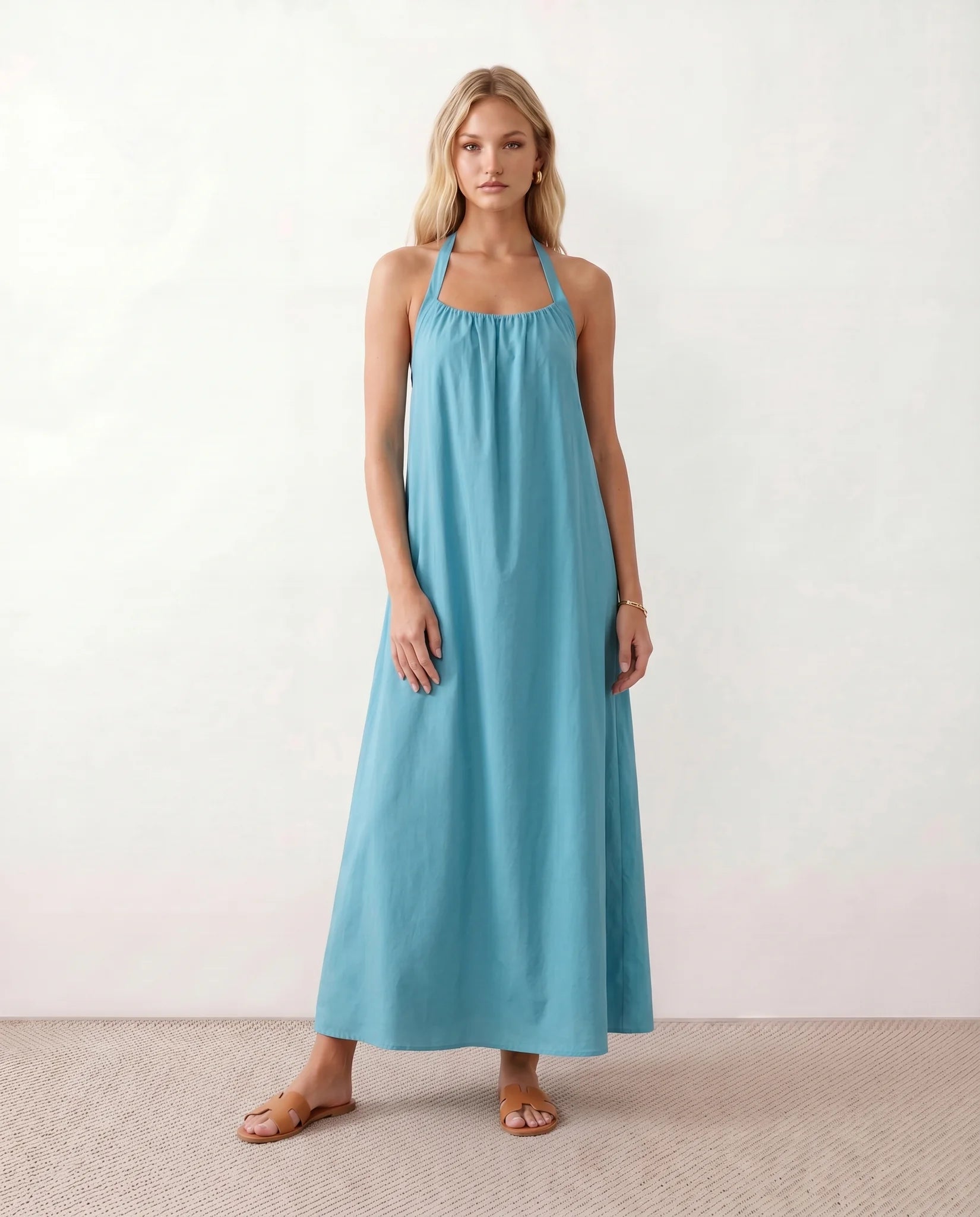Mira Halter Square Neck Maxi Dress in Blue — front view