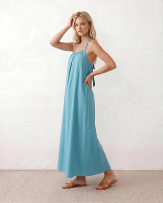 Mira Halter Square Neck Maxi Dress in Blue — side view