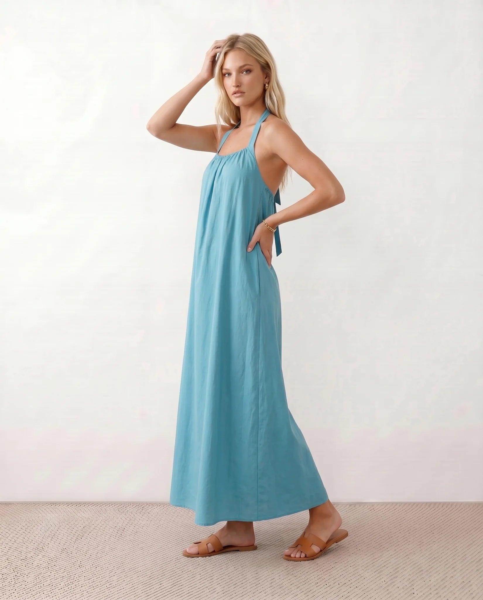 Mira Halter Square Neck Maxi Dress in Blue — side view