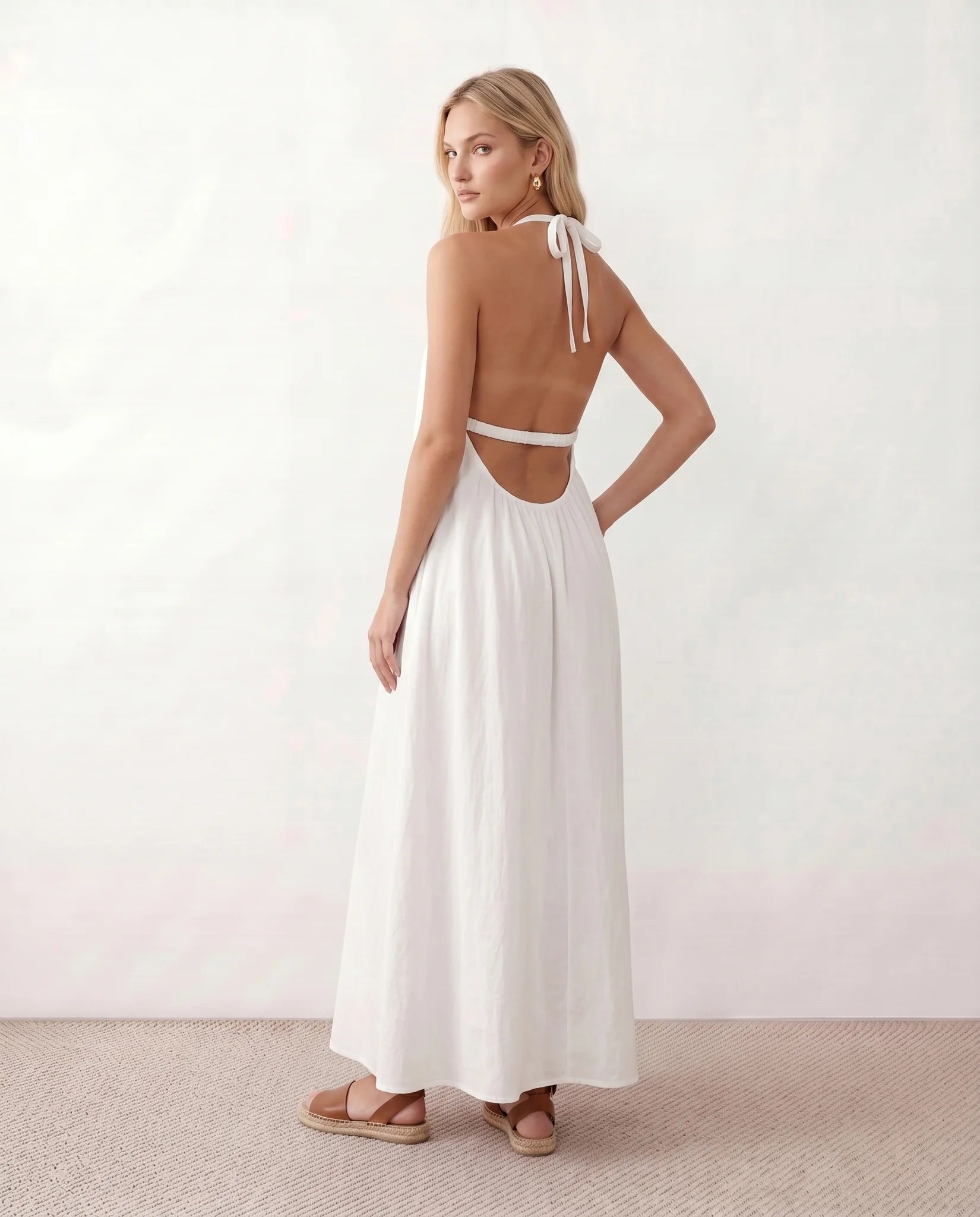 Mira Halter Square Neck Maxi Dress in White — back view