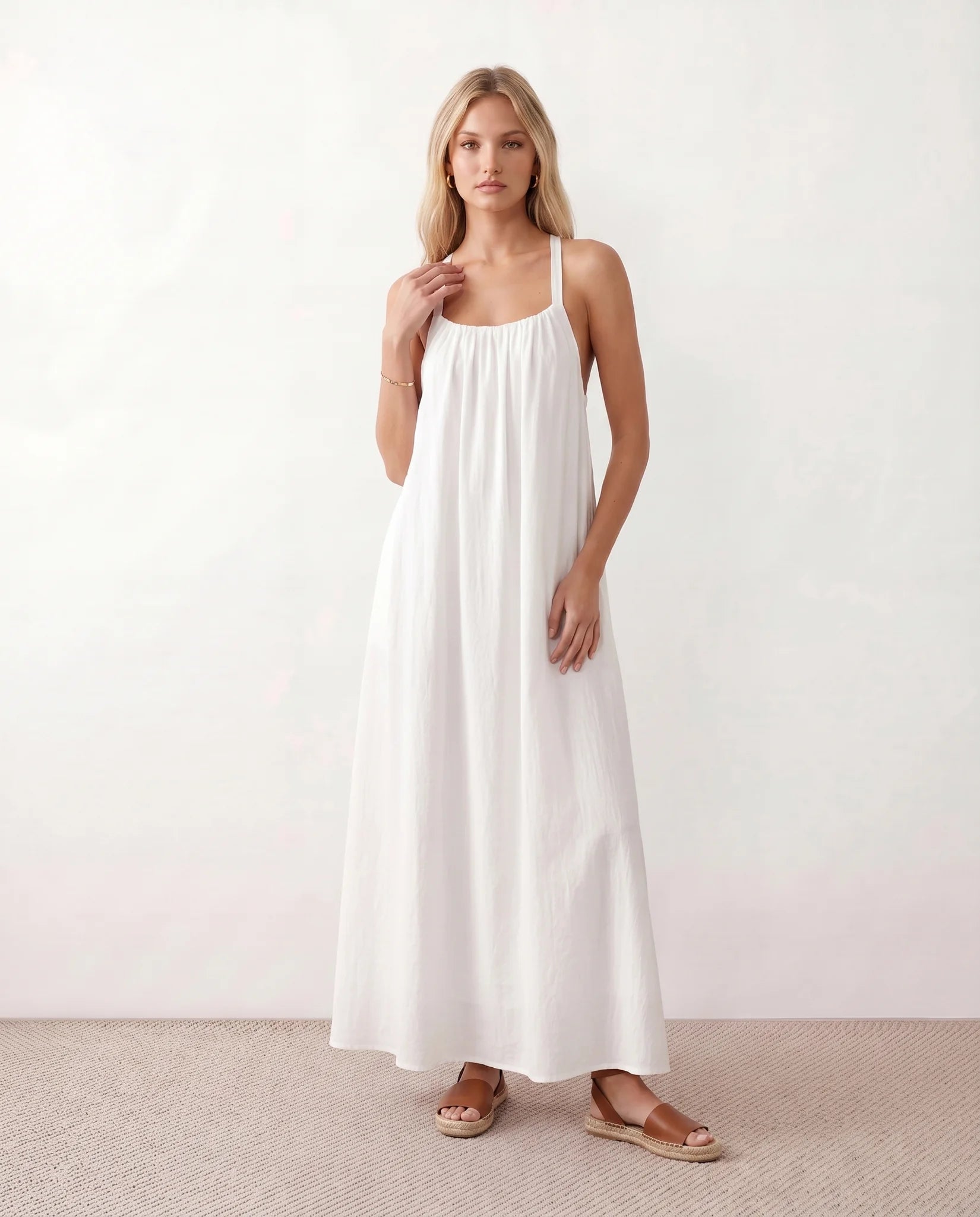 Mira Halter Square Neck Maxi Dress in White — front view