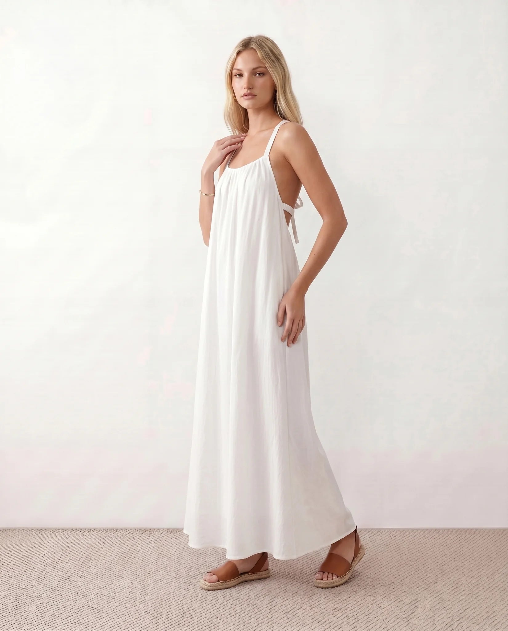 Mira Halter Square Neck Maxi Dress in White — side view