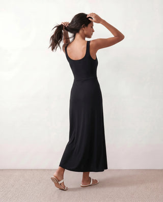 Cleo Ribbed Round Neck Maxi Dress in Black — back view