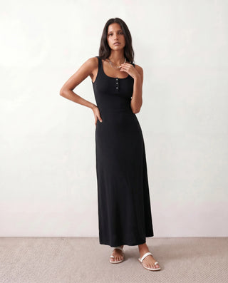Cleo Ribbed Round Neck Maxi Dress in Black — front view
