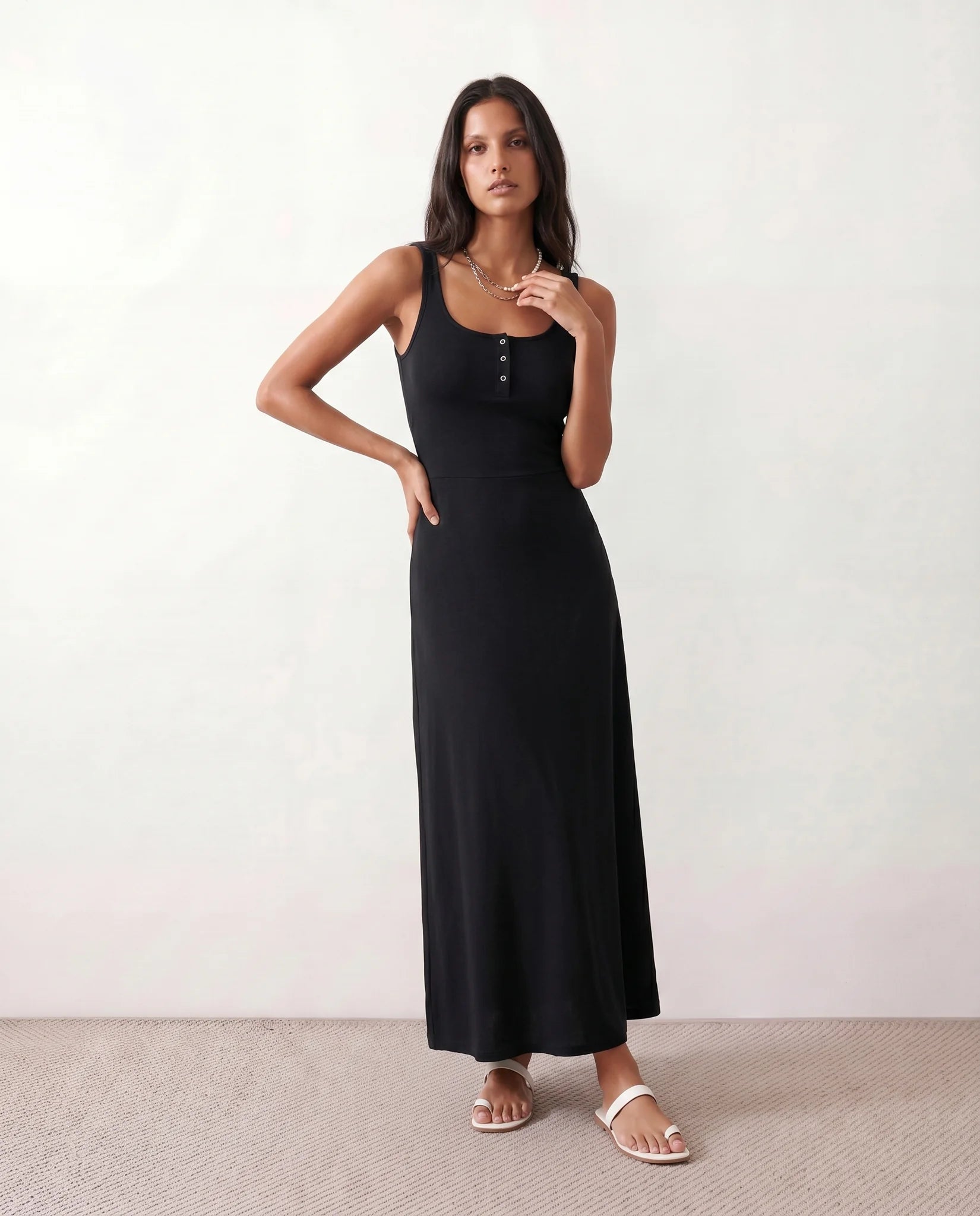 Cleo Ribbed Round Neck Maxi Dress in Black — front view
