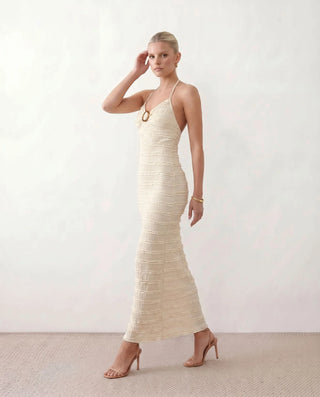 Mara Wedding Guest Halter Maxi Dress in Beige — side view
