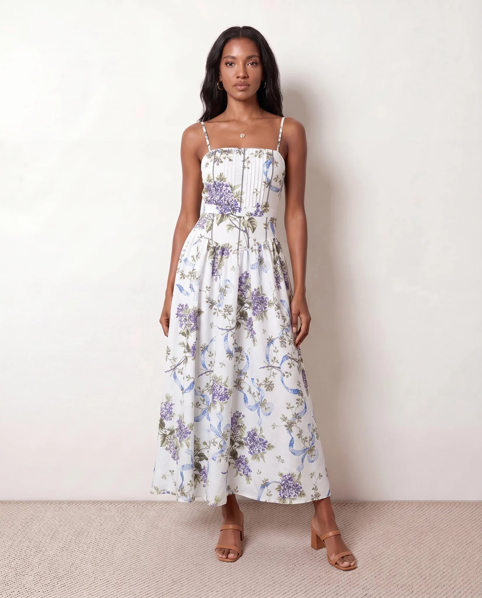 Eva Wedding Guest Pleated Maxi Dress in White — front view