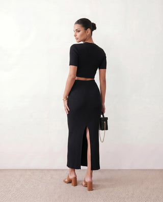Esme Ribbed V-Neck Maxi Dress in Black — back view