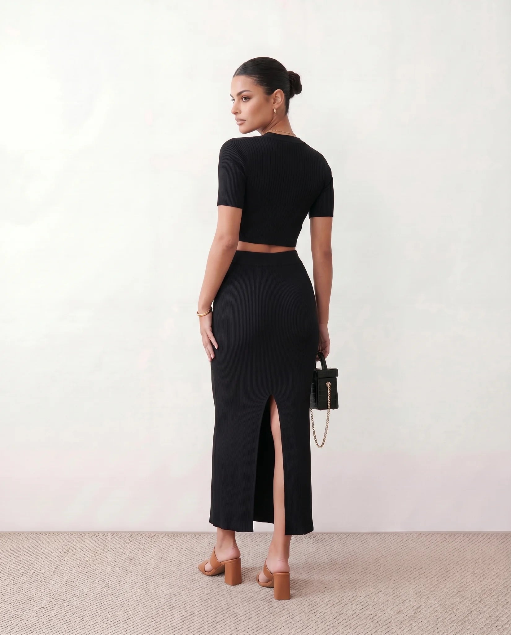 Esme Ribbed V-Neck Maxi Dress in Black — back view
