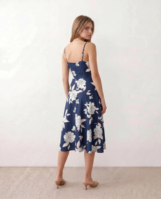 Talia Spaghetti Strap Floral Midi Dress in Floral Navy — back view