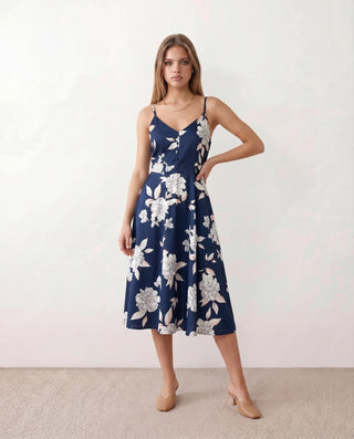 Talia Spaghetti Strap Floral Midi Dress in Floral Navy — front view