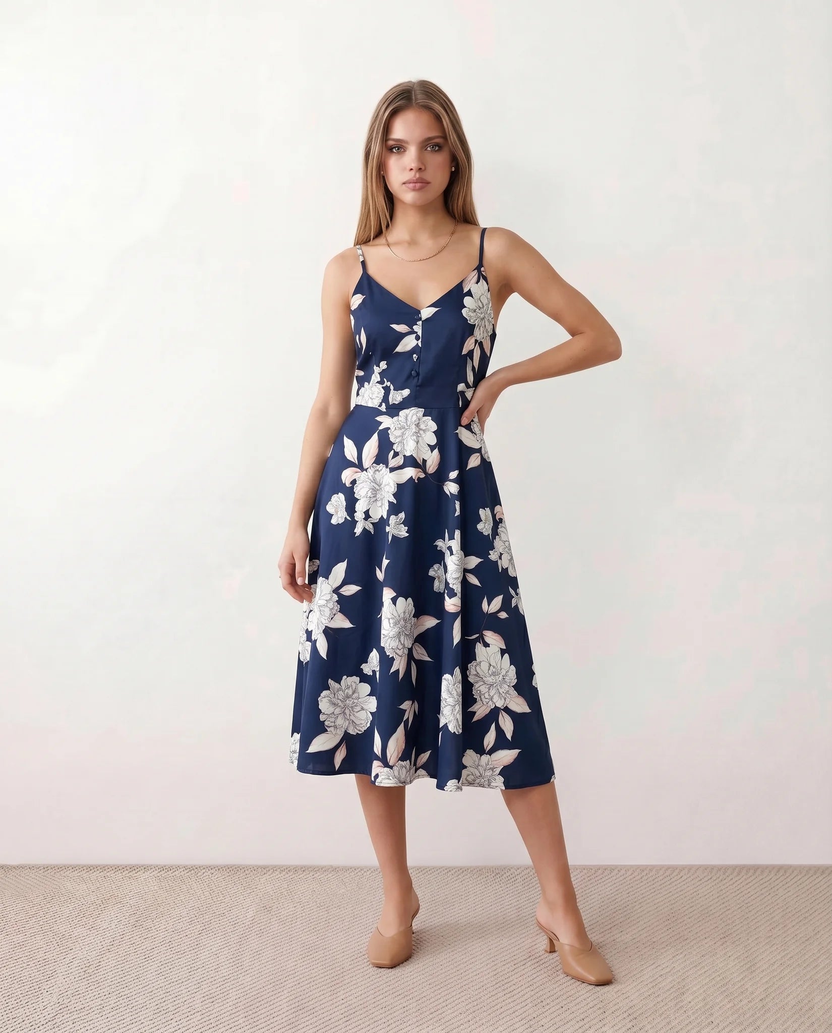 Talia Spaghetti Strap Floral Midi Dress in Floral Navy — front view
